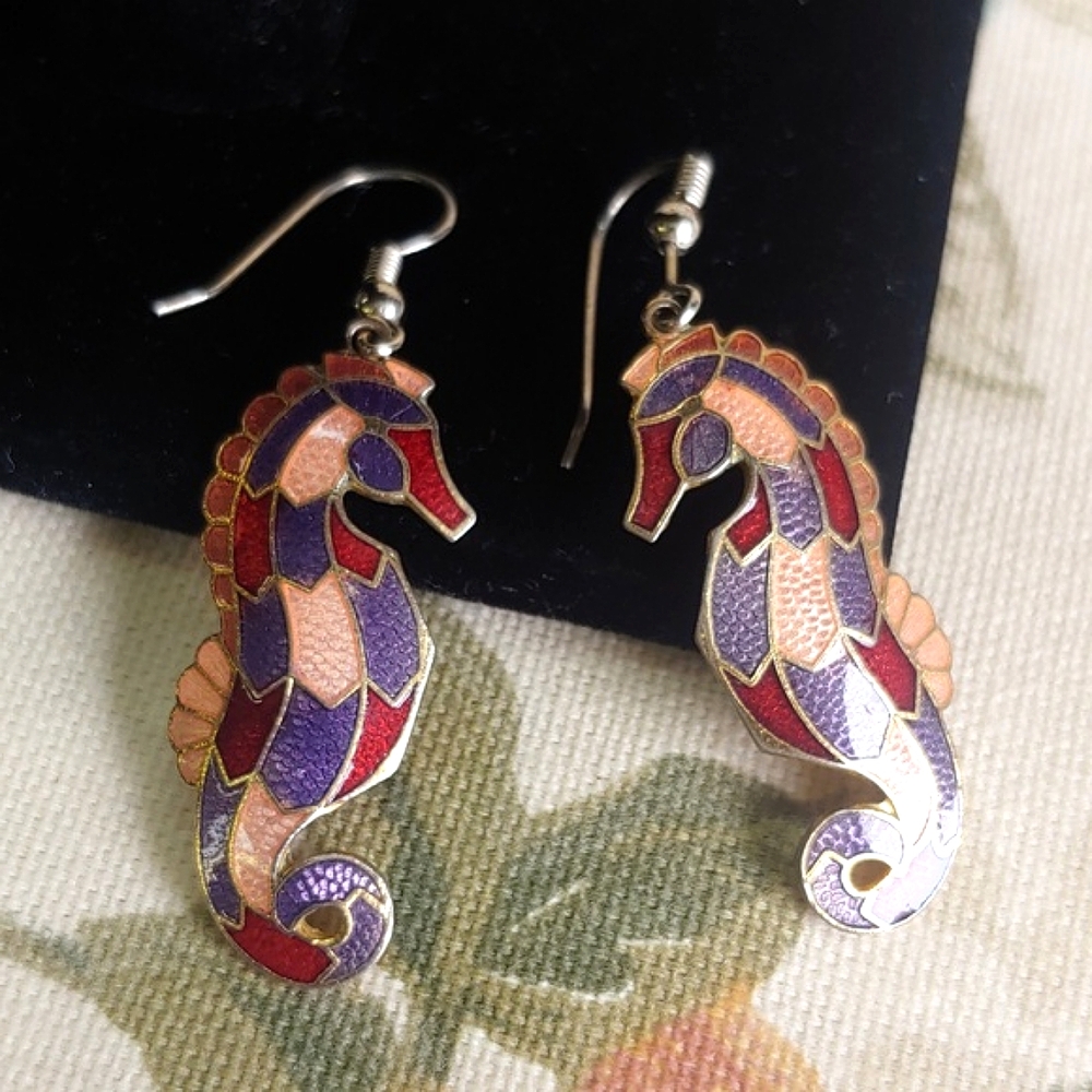 Mosaic Look Seahorse Dangle Earrings